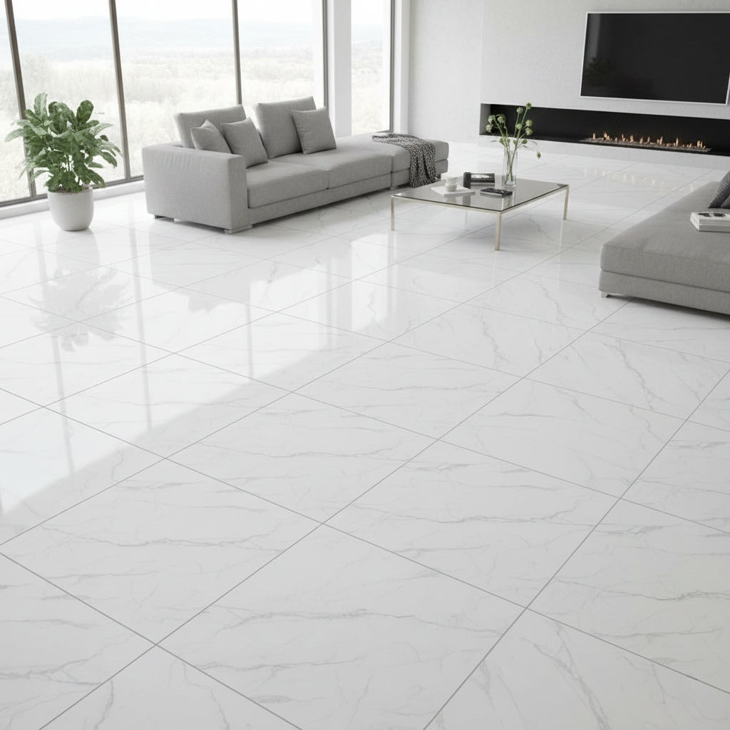 BMD65002 Arctic White Marble-Effect | 60x60 Vitrified Ceramic Tiles Glossy