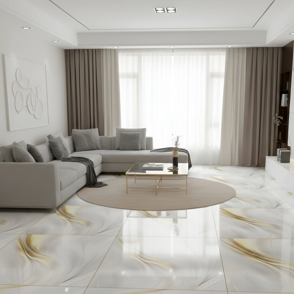 LTP6242 Gilded Flow Luxury Abstract Gold & Pearl | 60x60 Vitrified Ceramic Tiles Glossy