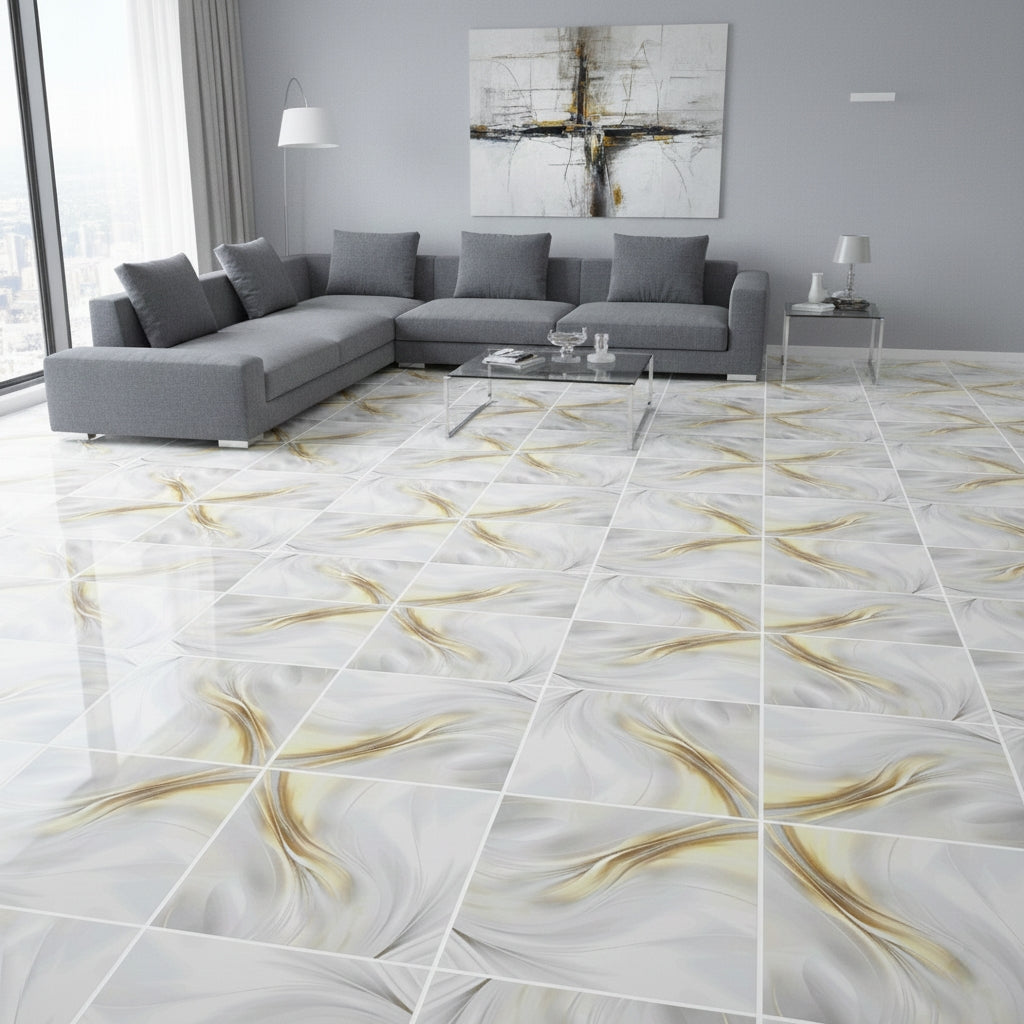 LTP6242 Gilded Flow Luxury Abstract Gold & Pearl | 60x60 Vitrified Ceramic Tiles Glossy